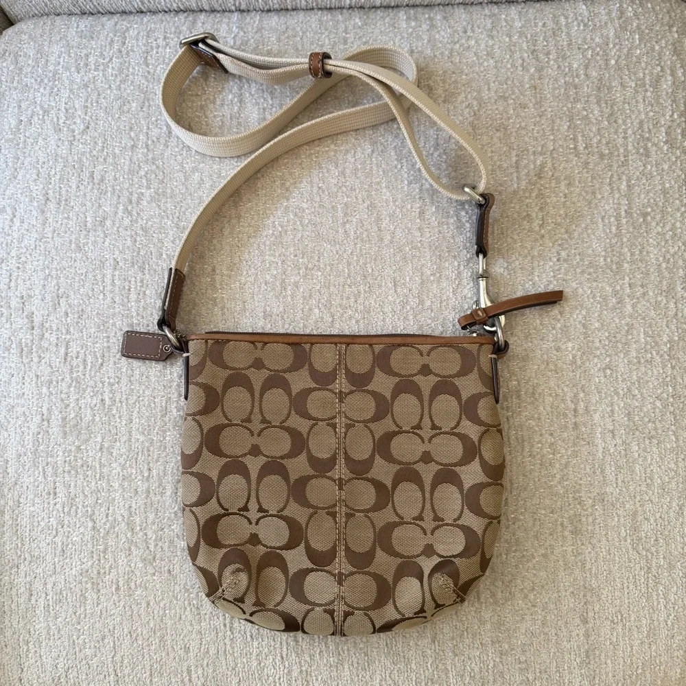 Coach Brown Signature Canvas Crossbody with Cream Adjustable Strap